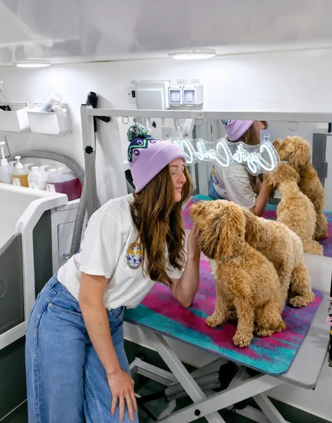 Carly nose-to-nose with an apricot cockapoo on the grooming table, the Coyote Comb Club neon sign glowing behind